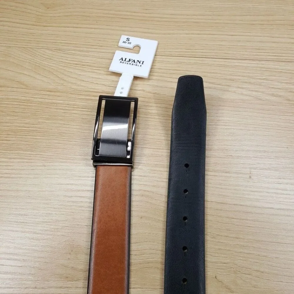 ALFANI Belt Mens Size Medium 30 32 Brown Black Reversible Plaque Buckle FLAW